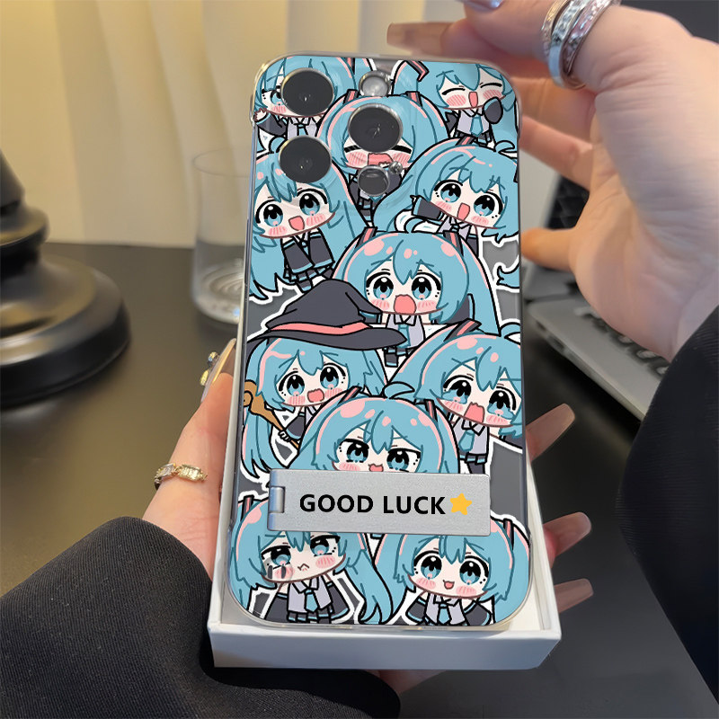 OPPOA5Pro手机壳带支架iPhone15无边框硬ins满屏初音未来苹果16适用二次元12高级感14ProMax透明超薄13少女心