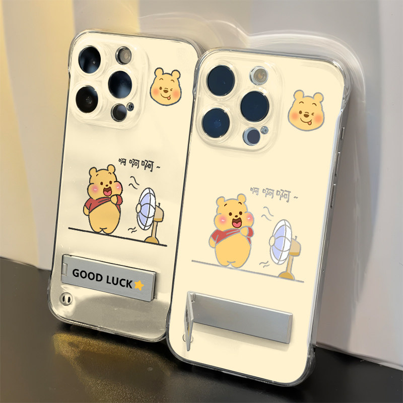 VIVO风扇维尼熊华为苹果14无边框iPhone16超薄OPPOfindx8少女心适用荣耀12透明硬13promax手机壳带支架小米15