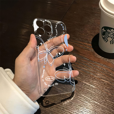 小米15pro超薄透明硬ins风线条蝴蝶手机壳带支架VIVO14华为13OPPOfindx8适用12无边框iPhone苹果16promax荣耀