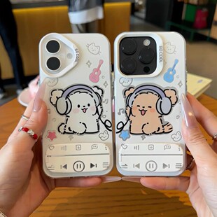 苹果16彩银15ProMax带镜子支架可爱iPhone12耳机情侣小狗VIVOX200S适用14高级感13手机壳硬卡通真我NEO7TURBO