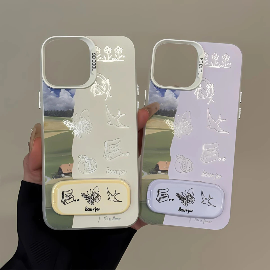苹果16ProMax春日镂空蝴蝶华为Pura80带镜面支架15plus手机壳硬iPhone13彩银一加12适用14高级感Findx8创意11