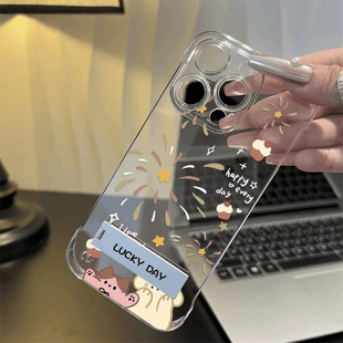 烟花小狗小猫14Promax超薄13华为MATE70硬高级感16无边框苹果15透明适用iPhone12卡通手机壳带支架VIVOs20Pro