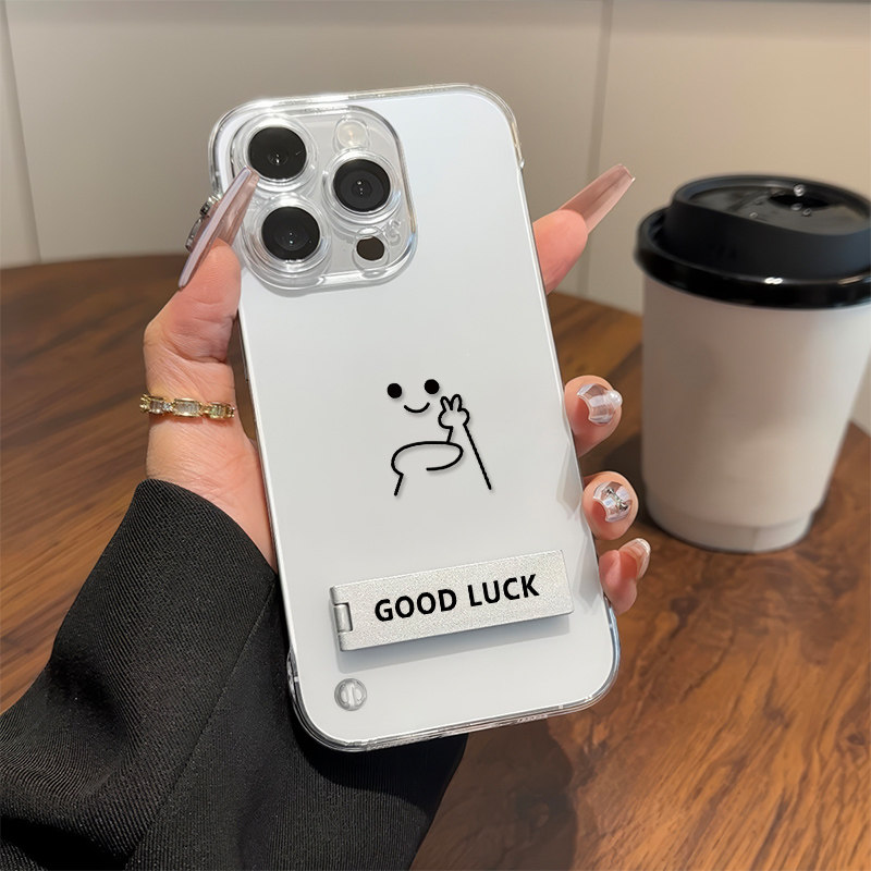 苹果16e创意透明iPhone13比耶小人14超薄无边框12高级感手机壳带支架硬15Promax荣耀POWER简约适用华为畅享80