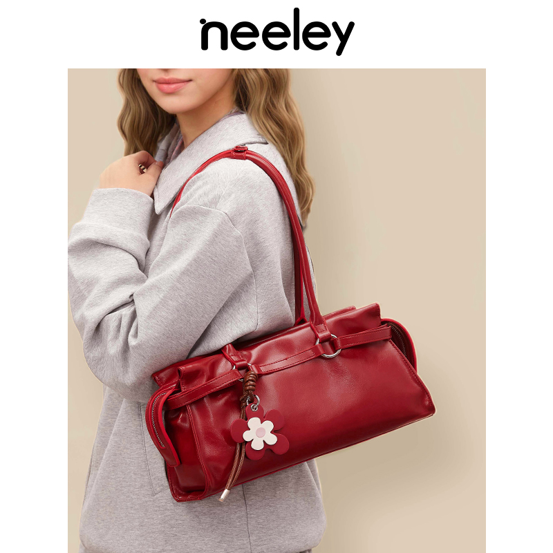 neeley法式芭蕾法棍包大容量柔软单肩腋下大包真皮红色新娘结婚包