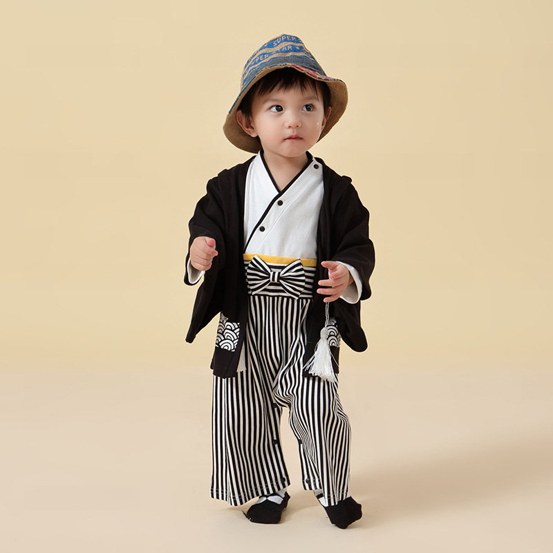 儿童和服男童日本传统印花套装爬爬服6-12个月宝宝春秋日系连体衣