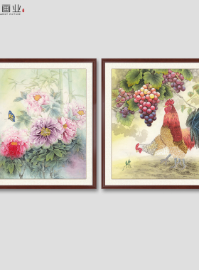 牡丹画花开富贵公鸡报晓装饰画