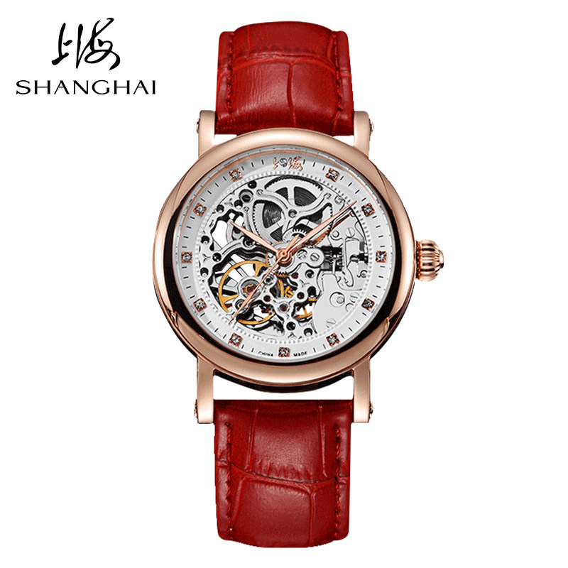 上海手表自动机械表女潮流时尚女表镂空镶钻休闲皮带正品手表626