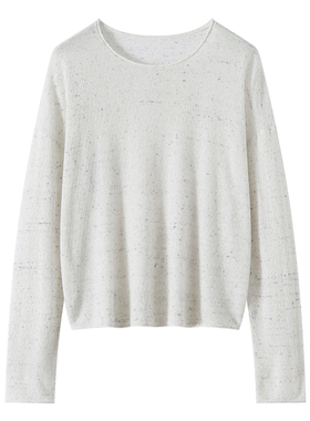 精纺羊毛亚麻混纺卷边长袖套头衫外套女羊毛针织圆领套头衫空调衫