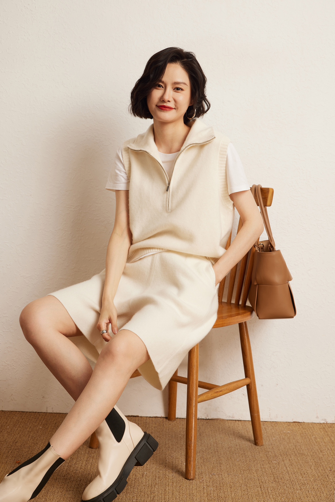 山羊绒半拉链马甲背心羊绒套头针织帽子马甲