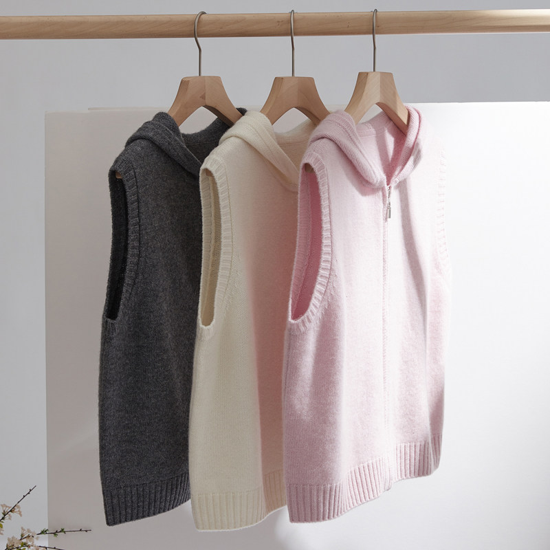 新款针织连帽开衫马甲山羊绒针织马甲开衫内搭上衣开衫女打底