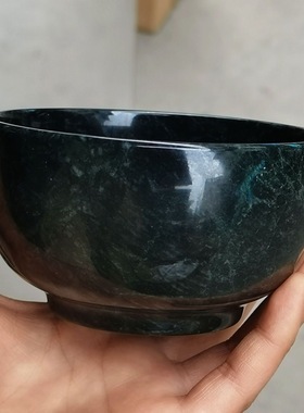 纯天然药王石碗玉石碗养生玉碗墨绿玉家用墨玉原石饭碗 汤碗摆件