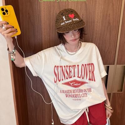 新美式复古风SUNSET字母印花宽松大版圆领短袖T恤26267