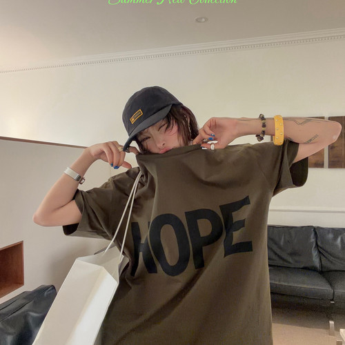 FISH YU -夏上新美式复古HOPE白墨印花宽松大版圆领短袖T恤26261