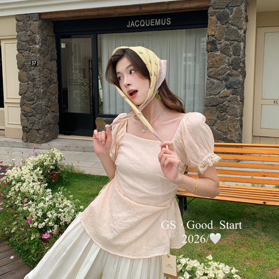 GOOD START-女～好看100夏季法式复古方领泡泡袖收腰小衫D0773W