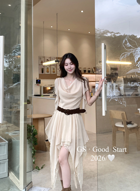 GOOD START-百分百韩系气质设计感不规则蕾丝拼接连衣裙D5278X