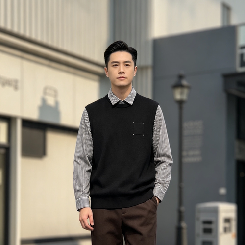 男士衬衫领假两件保暖针织毛衣