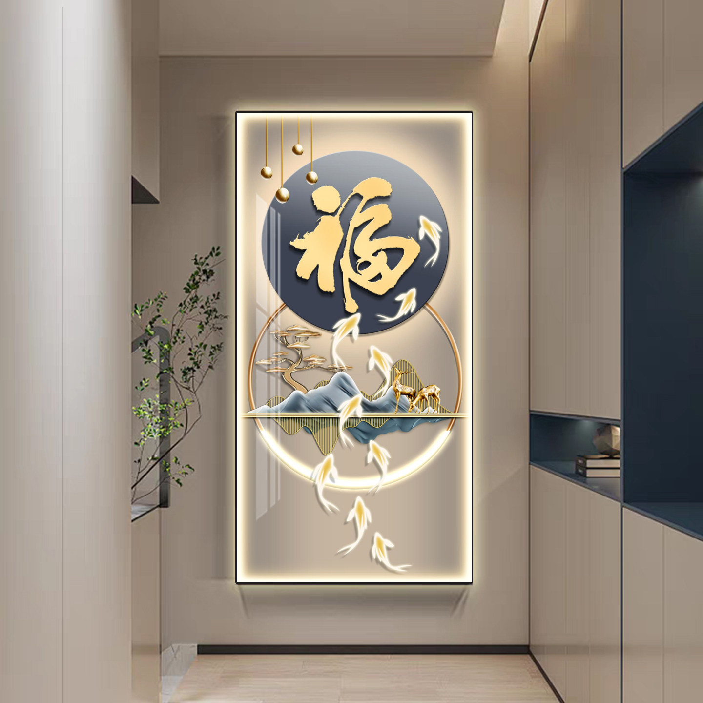 玄关入户正对门壁画玄关画带灯图片