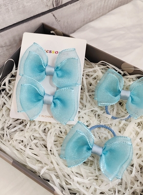 浅蓝色欧根纱儿童蝴蝶结发饰侧边对夹女童碎发边夹皮筋扎头发头绳
