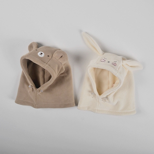 珊瑚绒卡通动物连帽帽子秋冬可爱软绵绵兔耳朵保暖套头帽围脖一体
