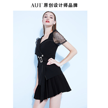 御姐风时尚小西服套装女夏2025新款黑色网纱气质a字百褶裙两件套