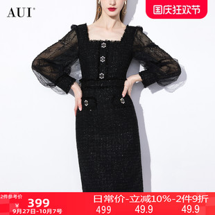 a字裙 AUI黑色名媛气质方领连衣裙女2025秋季 新款 小香风泡泡袖 修身