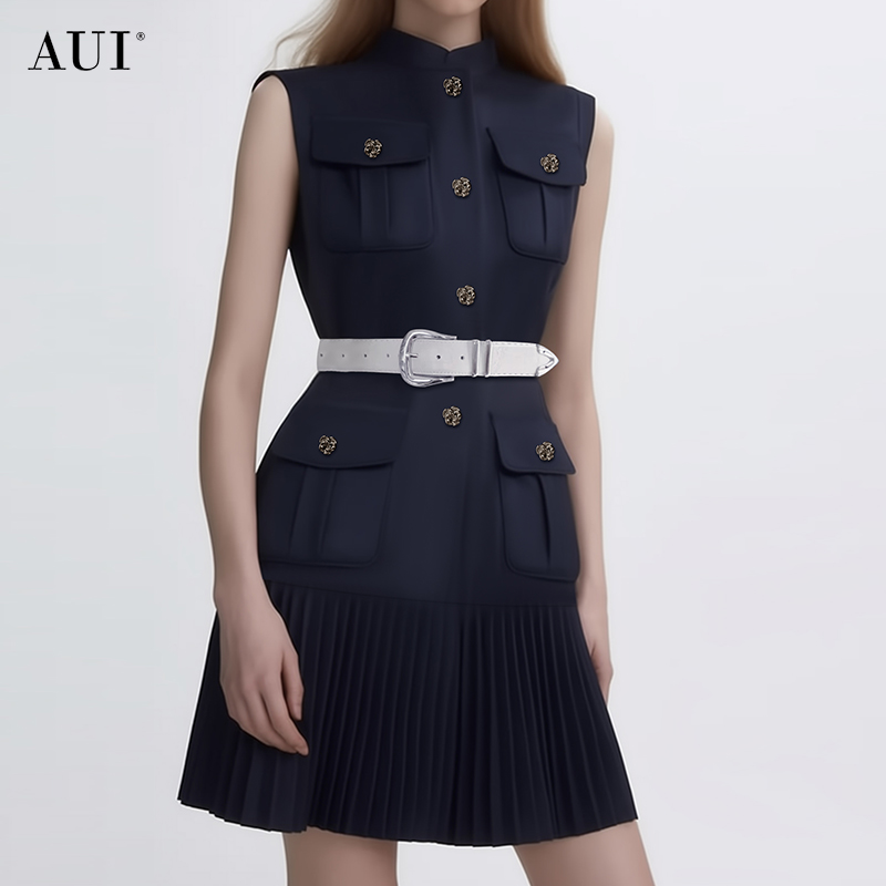 AUI藏青色通勤职业无袖连衣裙女2025夏季新减龄设计感修身百褶裙