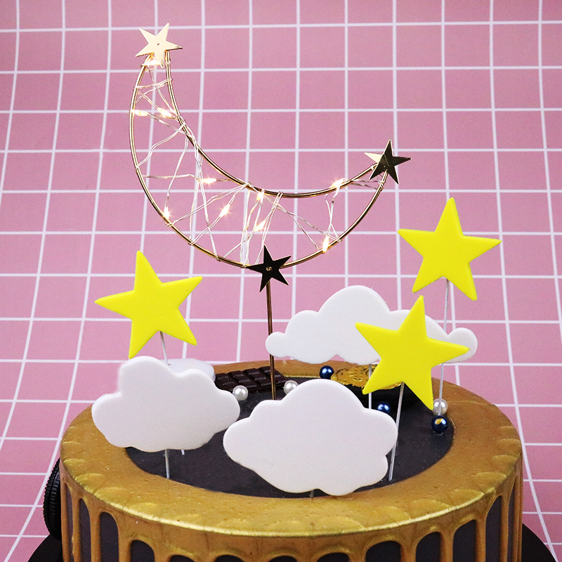 铁艺月亮星星生日蛋糕装饰插件铁丝月亮五角星中秋节