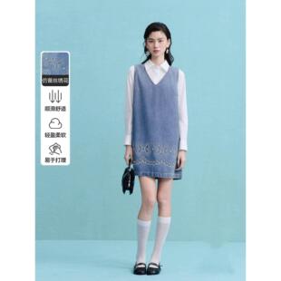 夏季 水洗牛仔连衣裙女夏新款 下摆蕾丝裙女C1FAG2244 商场同款