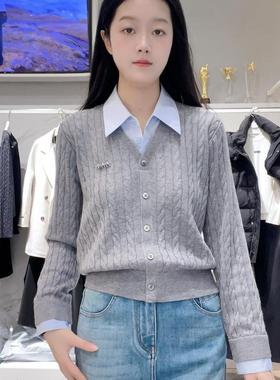 2025新款假两件衬衫领拼接羊毛设计感针织衫上衣女装1G2633704