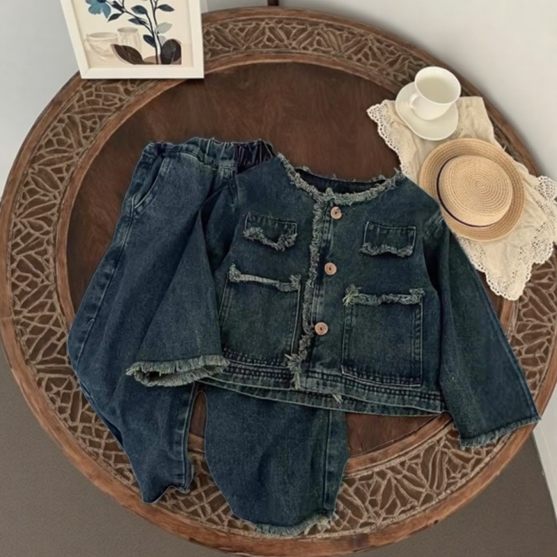 春秋女童套装宝宝洋气儿童个性潮牌韩版复古牛仔服外套毛边阔腿裤