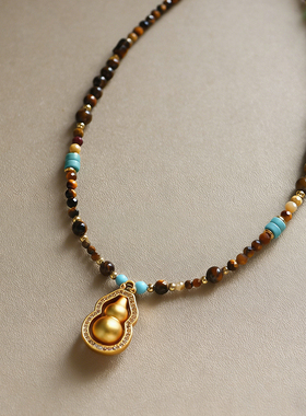 原创复古精致虎眼石微镶锆石葫芦项链配饰女轻奢小众高级感锁骨链