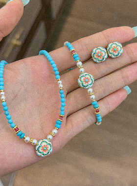 复古精致滴油微镶锆石松石施家珍珠串珠项链轻奢小众高级感锁骨链