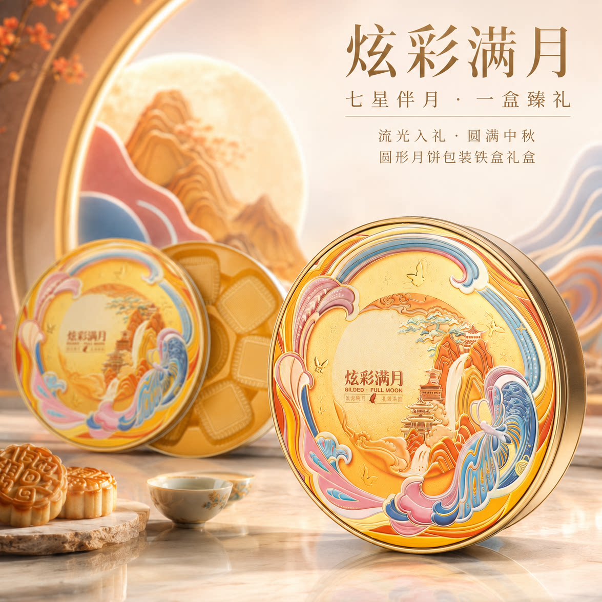 现货中秋月饼七星伴月圆形铁盒八个装新款LOGO高级感包装礼盒批发