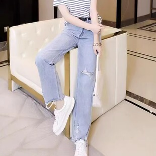 特价清仓薄软全棉磨破做旧水洗浅牛仔蓝牛仔直筒长裤夏破洞牛仔裤