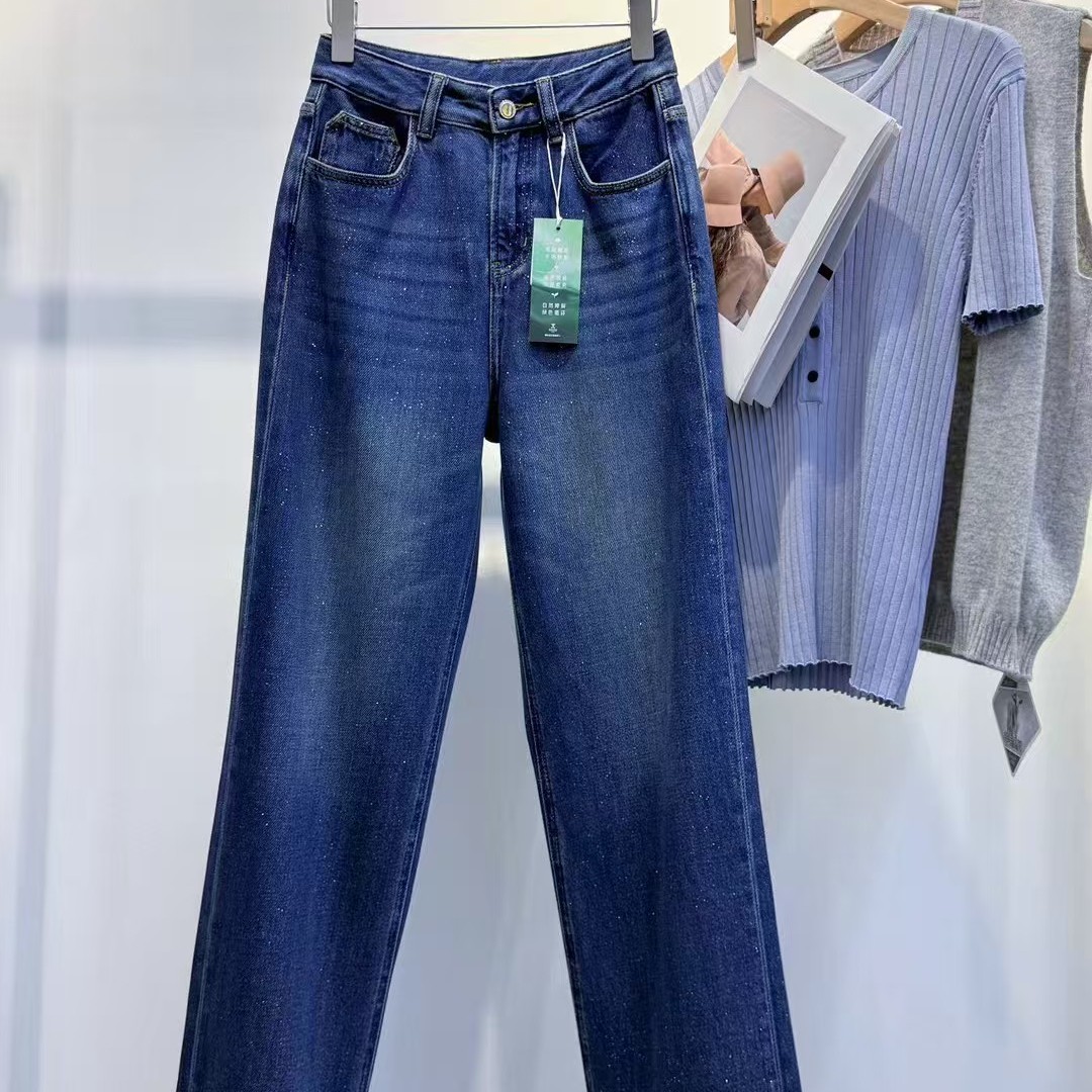 bling亮片嵌入 舒适软垂莱赛尔棉宽松显瘦直筒百搭牛仔裤长裤秋女