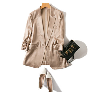 光泽质感轻奢岛国丝滑抽皱七分袖春夏一粒扣修身醋酸西装外套女薄