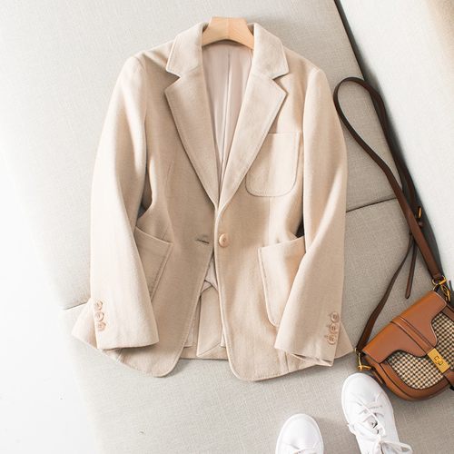 通勤长袖显白燕麦色羊毛呢西装女