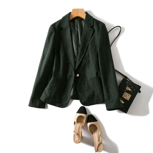 干练气质显白墨绿色点子纱短西装 小个子款一粒扣薄羊毛上衣外套