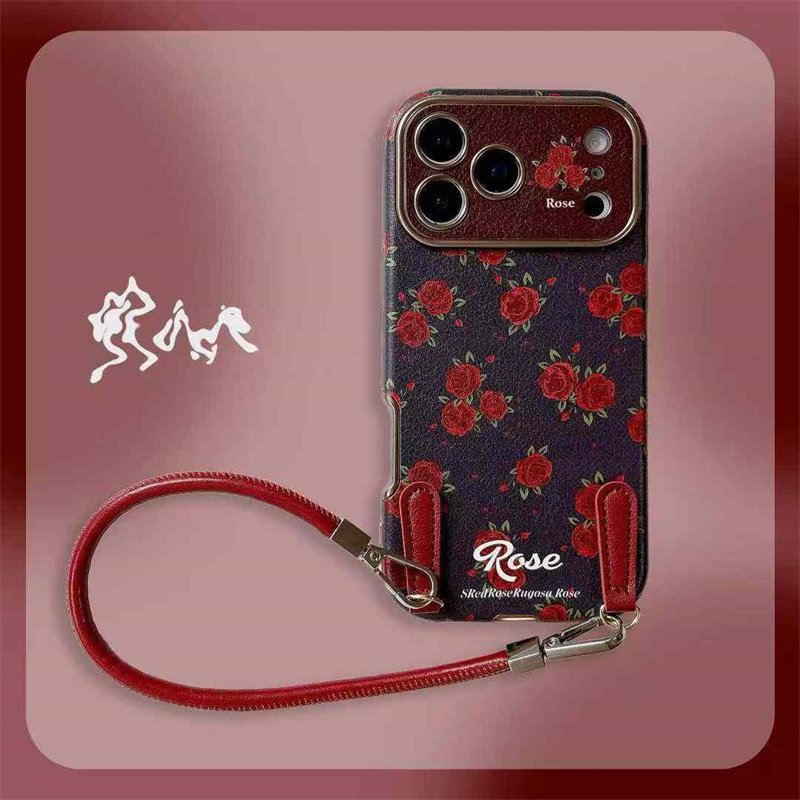 ins复古文艺红玫瑰适用苹果17链子手机壳少女心15promax高级感大视窗贴皮保护套14pro防摔iPhone16女款
