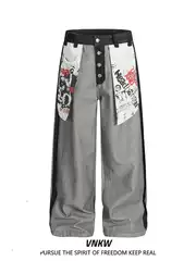 American Retro Distressed Reverse-Wear Large Pocket Main Print Denim Pants Unisex Stylish Fashion Cargo Pants Trendy