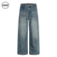 男女水洗猫须阔腿牛仔裤 美式 裤 cleanfit微喇工装 复古蓝色直筒长裤
