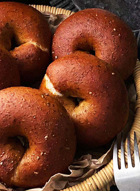 全麦碱水贝果无糖精无加油硬欧式面包圈早餐包碱水粗粮2只装