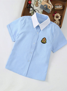 夏季儿童白领短袖衬衫 小学生校服蓝色白领 小孩班服蓝色半袖上衣