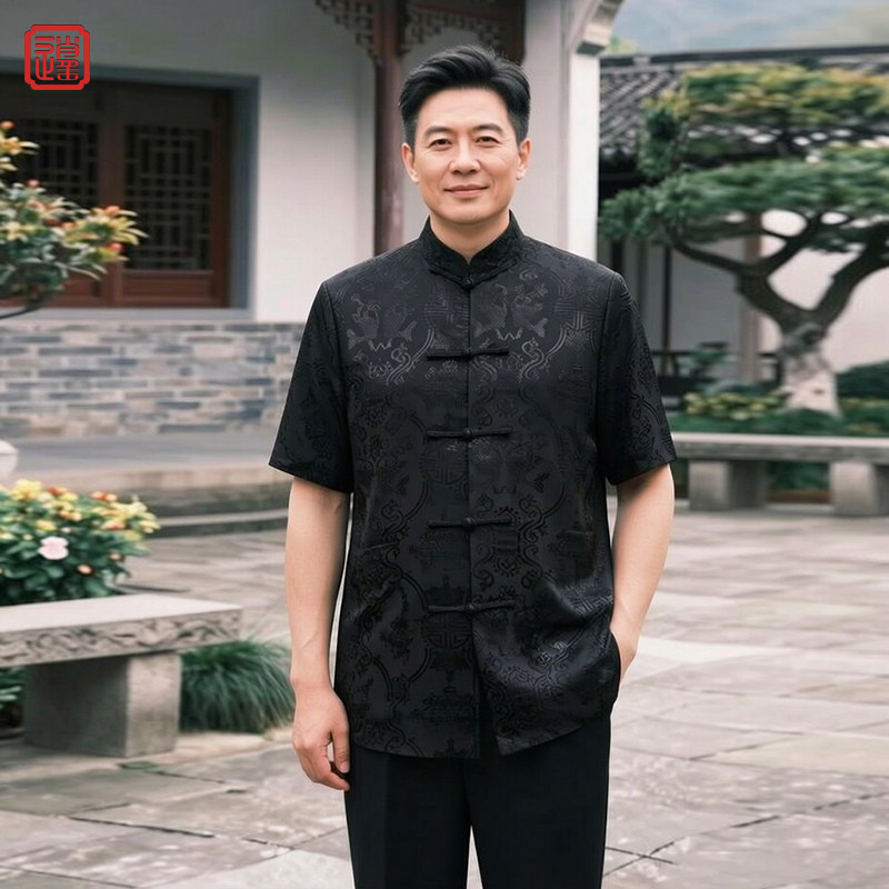 唐装男中老年人夏季短袖衬衫爸爸中式外套中国风上衣休闲爷爷夏装