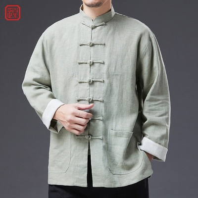 唐装长袖棉麻盘扣春秋款衬衫