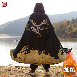 大氅斗篷加绒连帽古装印花宽松古风男装长款汉服披风冬季