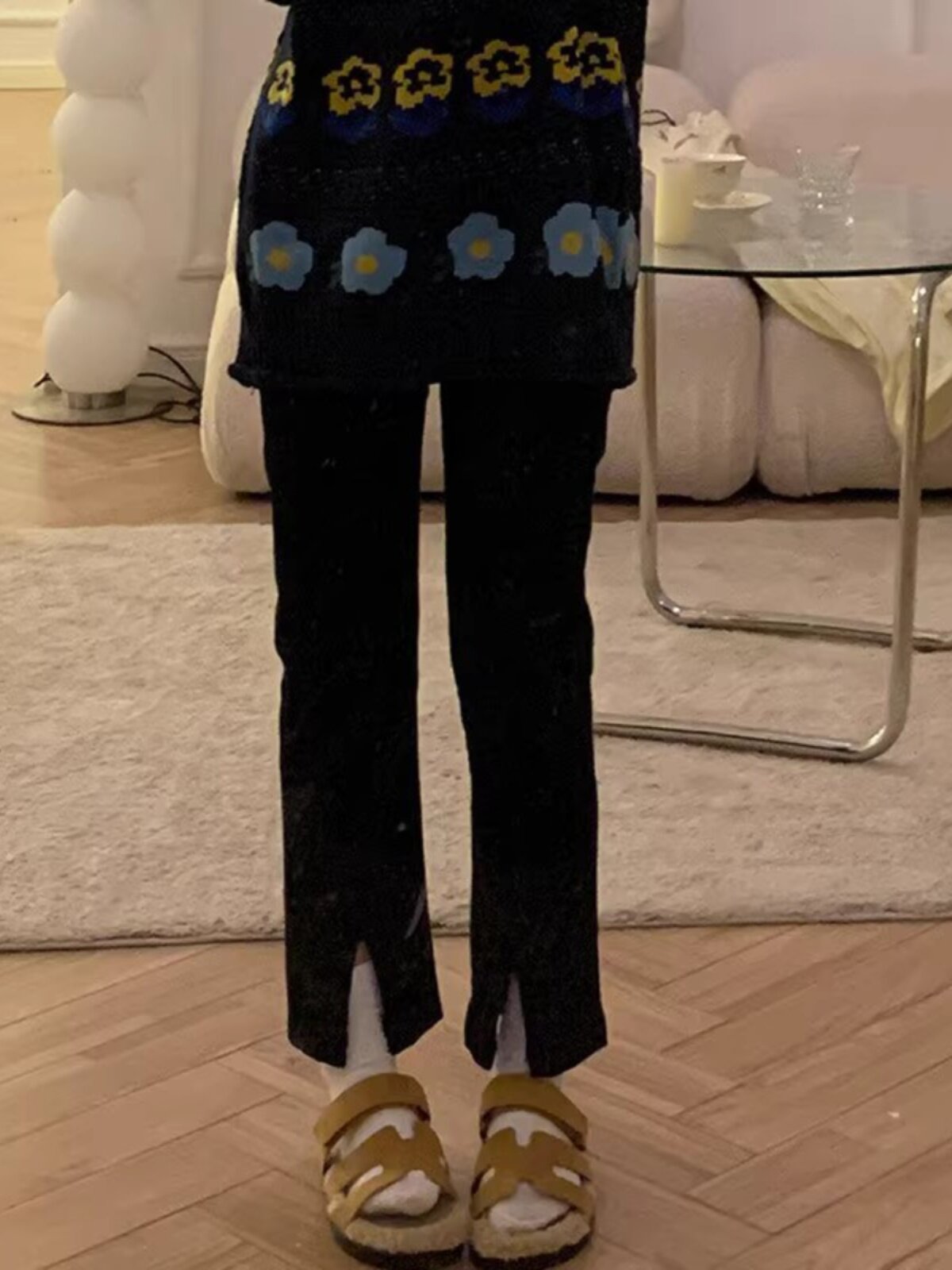 작은 배형 체형의 여성을 위한 라지 사이즈 블랙 슬릿 청바지 살짝 통통한 MM 슬림한 담배파이프 스트레이트 9부 팬츠 가을