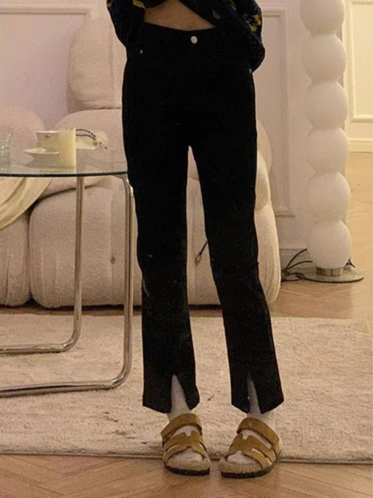 작은 배형 체형의 여성을 위한 라지 사이즈 블랙 슬릿 청바지 살짝 통통한 MM 슬림한 담배파이프 스트레이트 9부 팬츠 가을