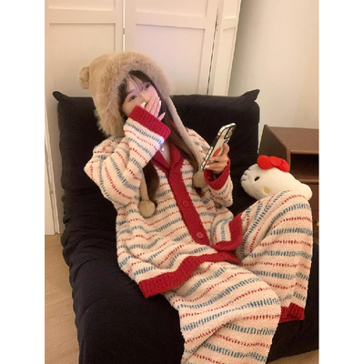 红色撞色条纹半边绒睡衣女冬季