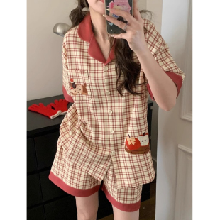 家居服 STUDIO 纯棉睡衣女夏季 撞色格纹小狗印花居家慵懒风短袖